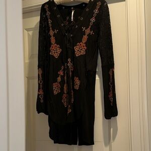 Free People Black Blouse with Orange Embroidery